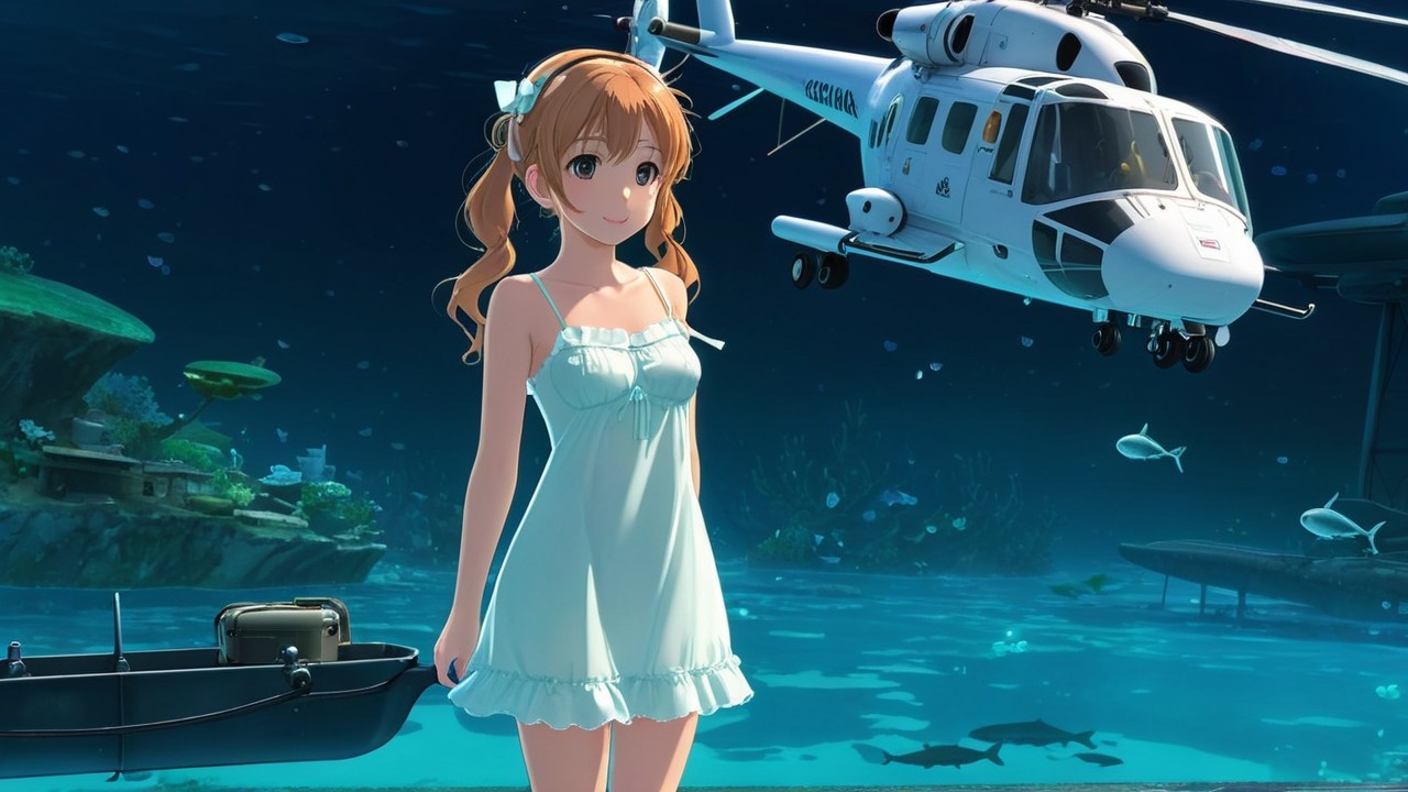 Young woman in blue dress underwater with marine life