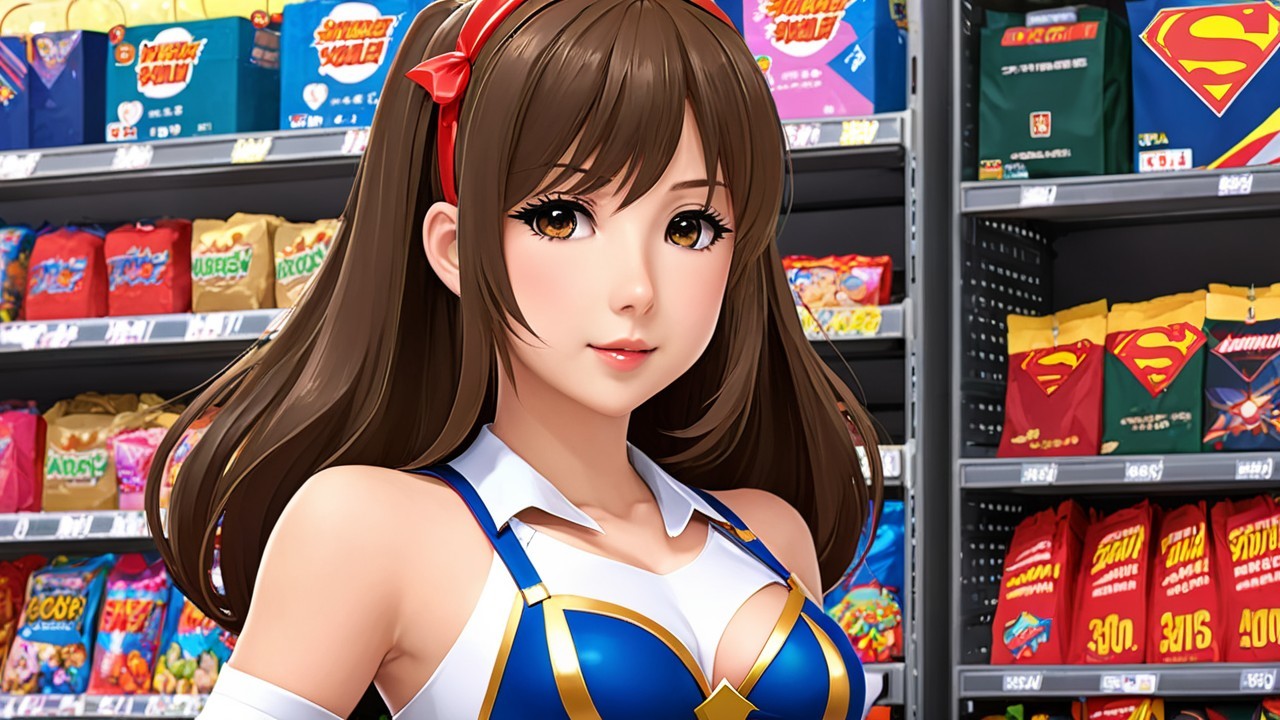 Anime Character in Grocery Aisle with Snacks