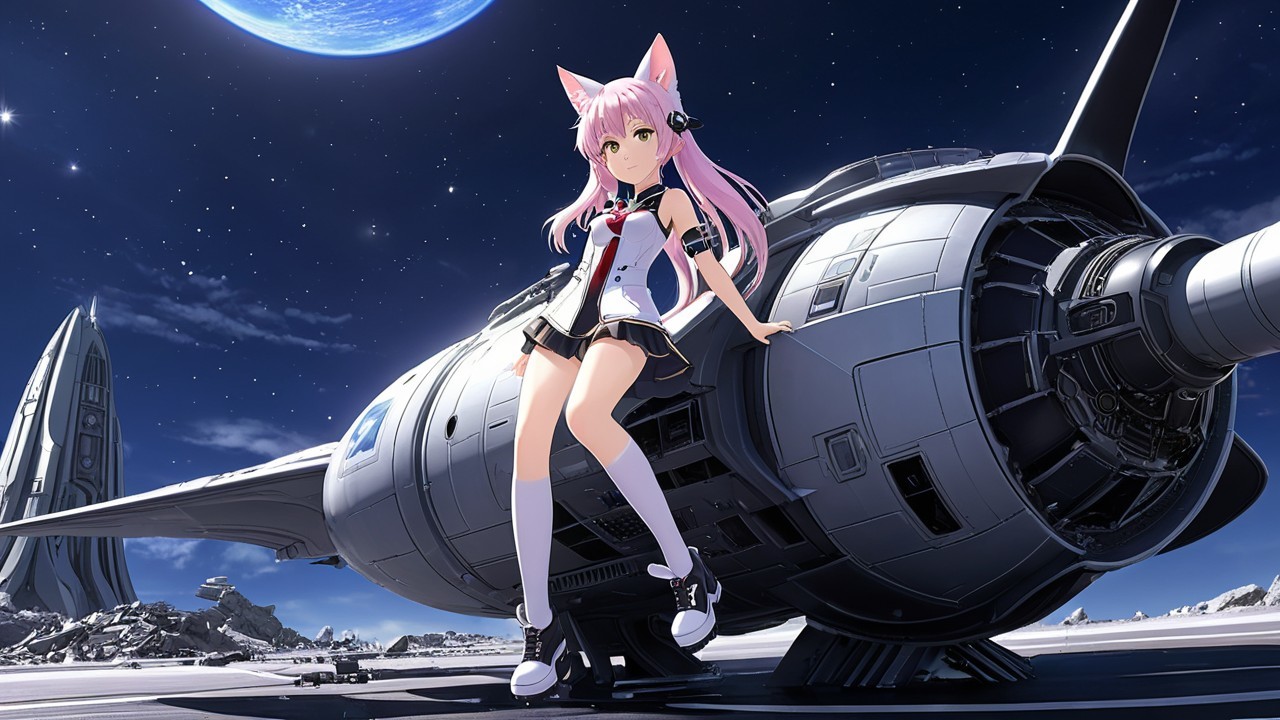 Anime Character with Cat Ears on Futuristic Rocket