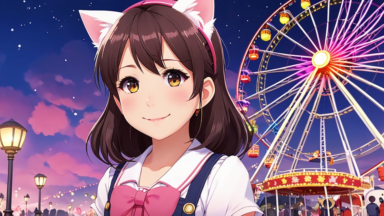 Cheerful girl with cat ears in festive night scene