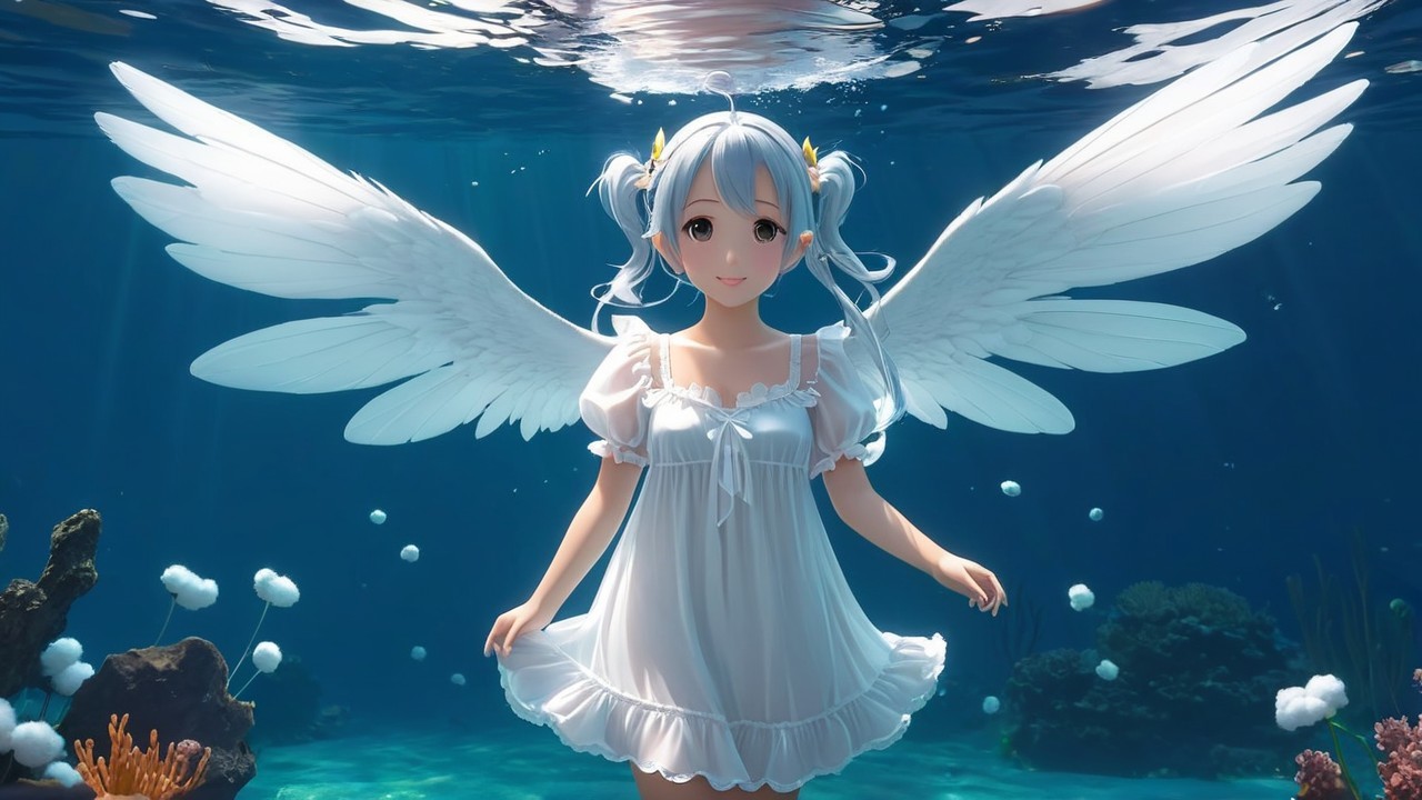 Underwater Scene of Girl with Angelic Wings and Coral