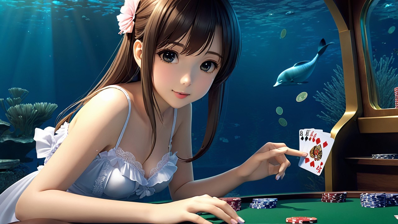 Young Woman Playing Cards Underwater with Coral Scene