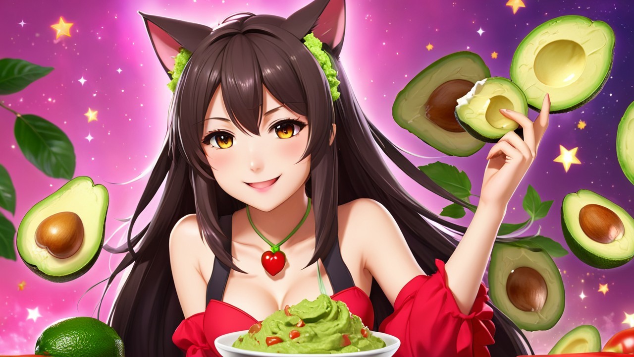 Cheerful Cat-like Character with Guacamole Bowl
