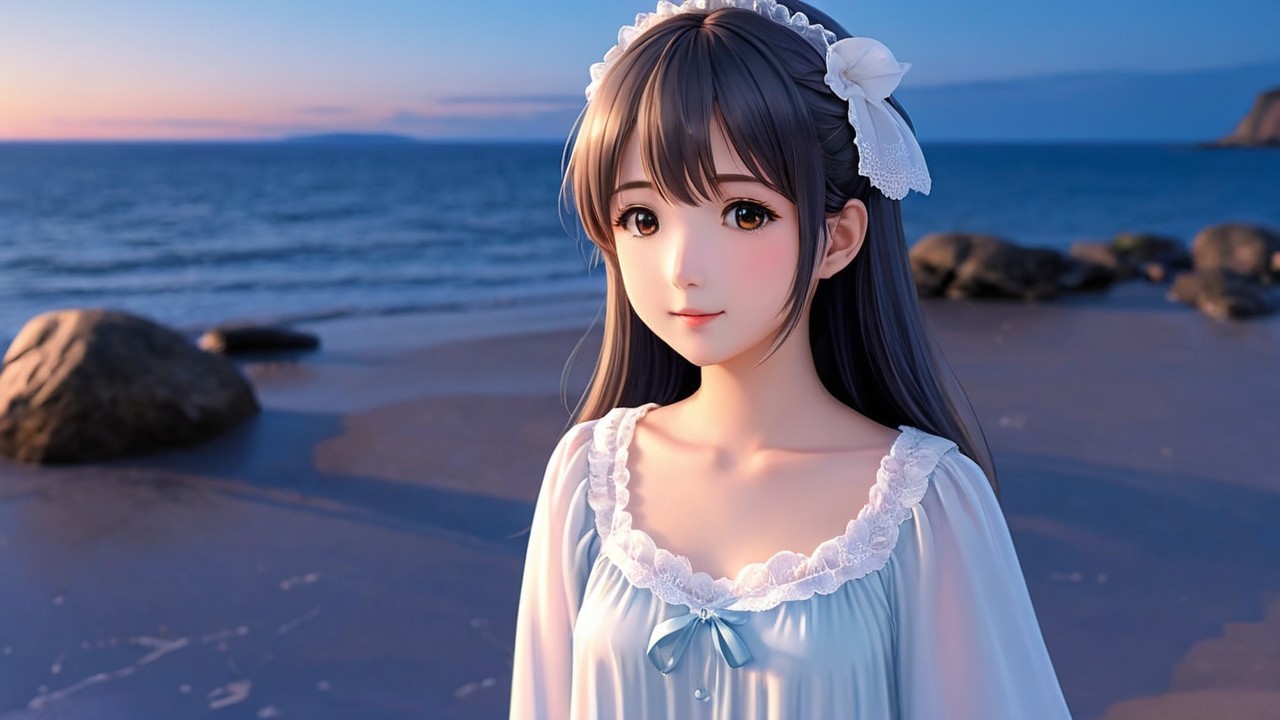 Young girl on beach at sunset in delicate dress