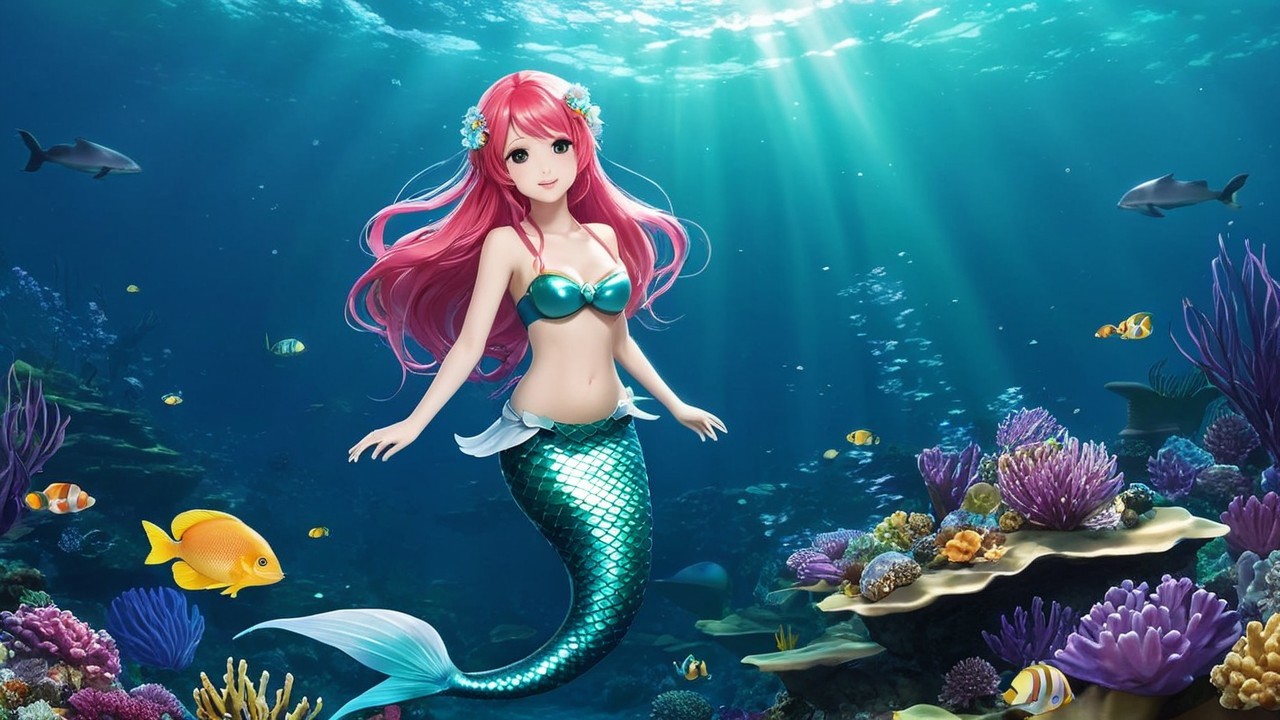 Vibrant Underwater Scene with Enchanting Mermaid