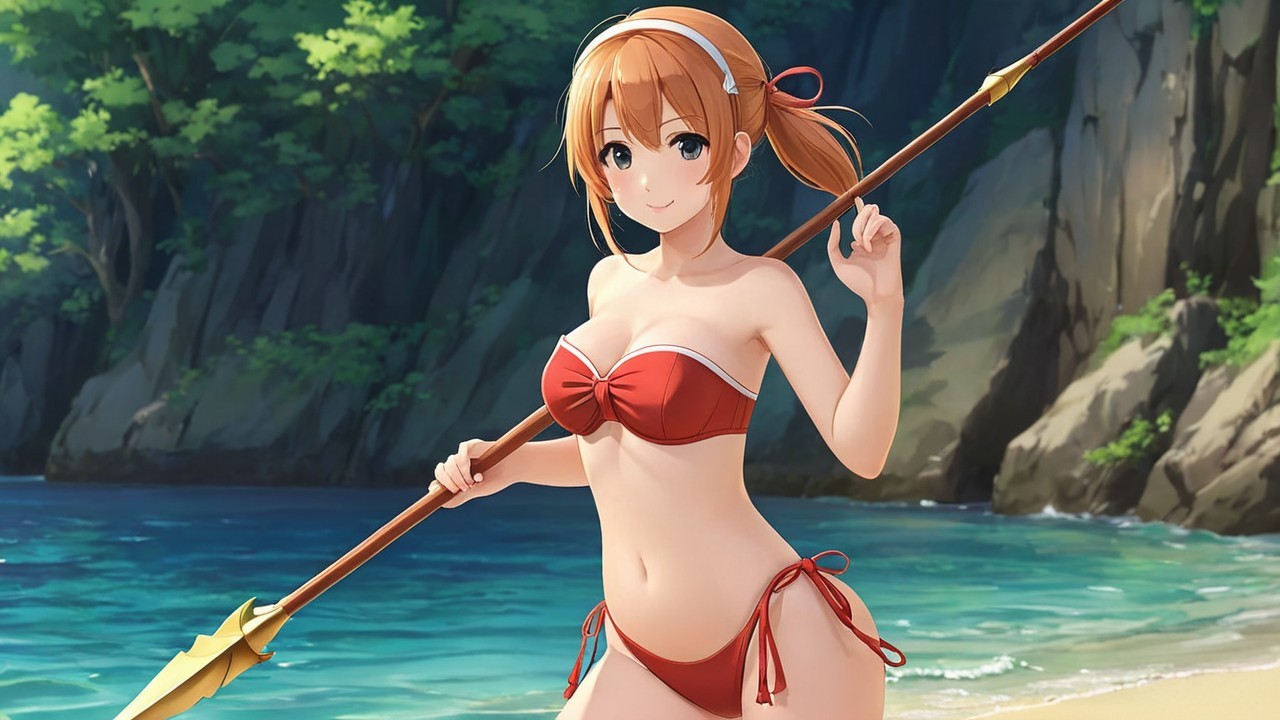 Young woman in red bikini with spear on beach