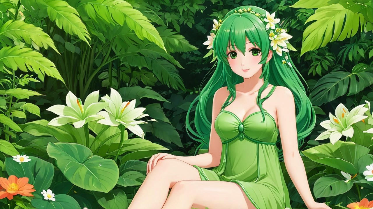 Young Woman with Green Hair in Lush Jungle Setting