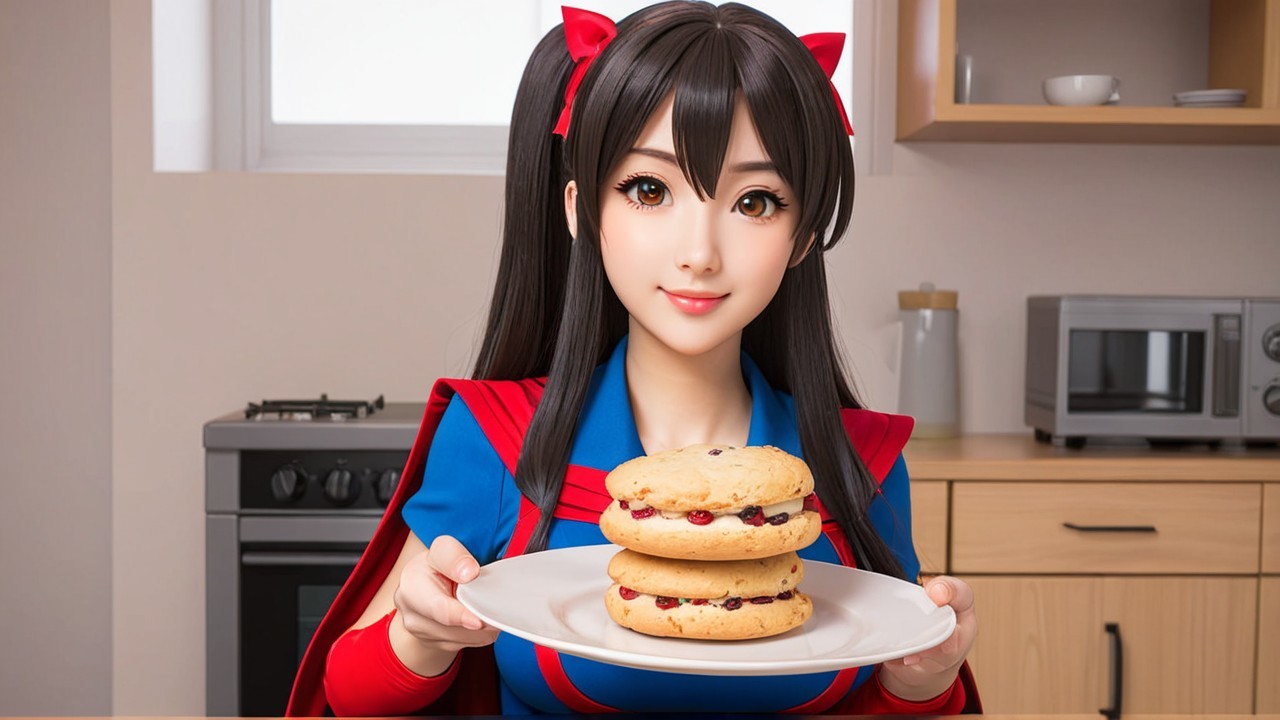 Character in Colorful Outfit with Cookies in Kitchen