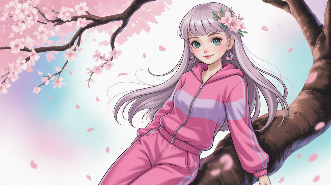Happy Anime Girl with Lilac Hair and Cherry Blossoms