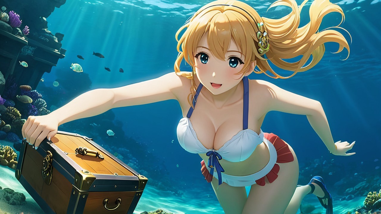 Young woman swimming underwater with treasure chest