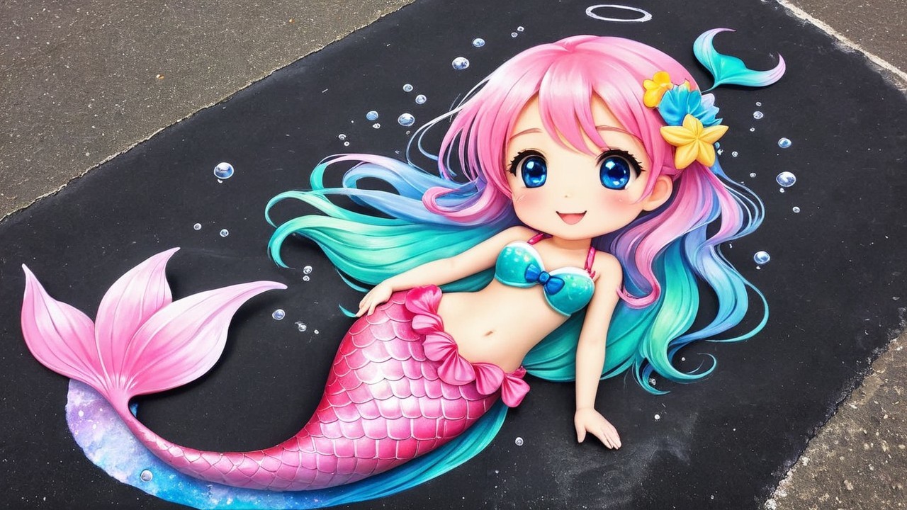 Vibrant Cartoon Mermaid with Pastel Hair and Tail