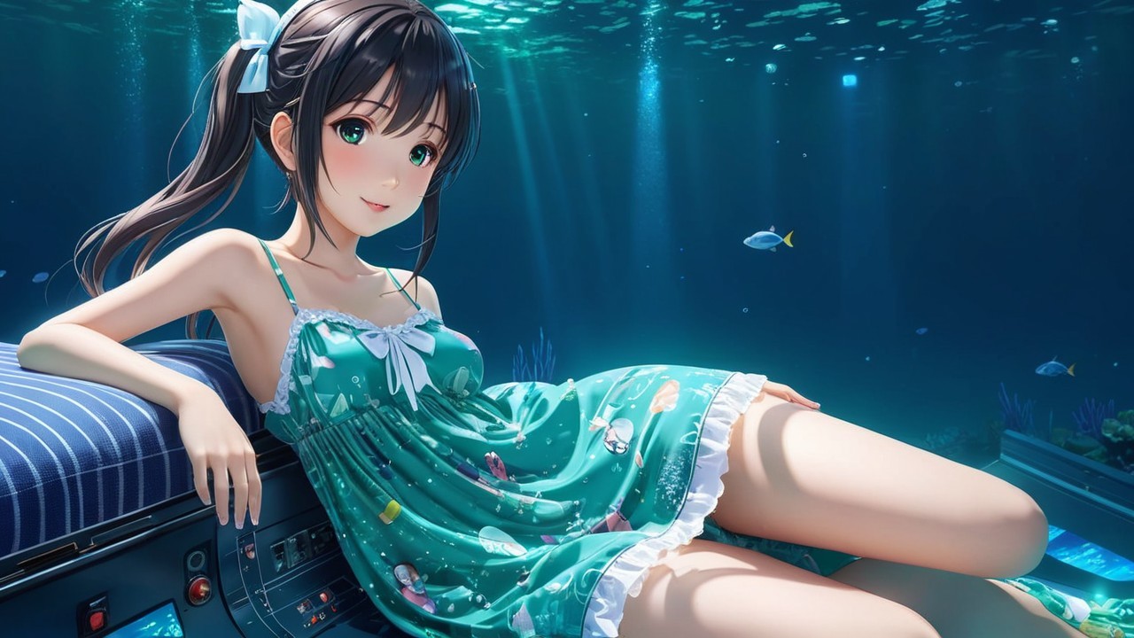 Young girl in green dress sits underwater with fish