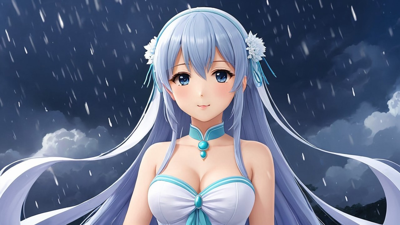 Serene character with blue hair in rainy backdrop