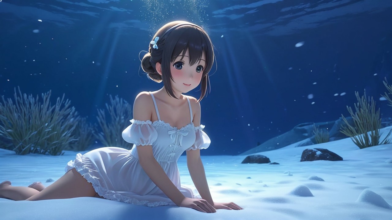 Young girl in white dress submerged in glowing water