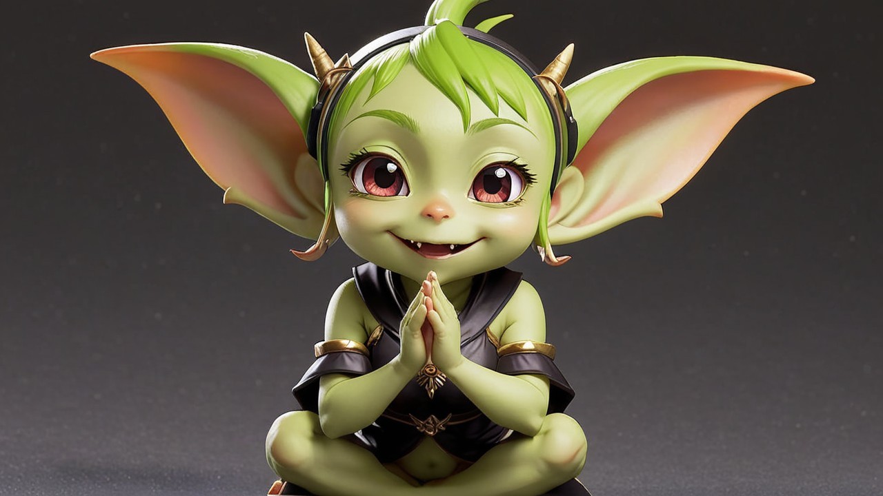Whimsical Creature with Green Hair and Cheerful Expression