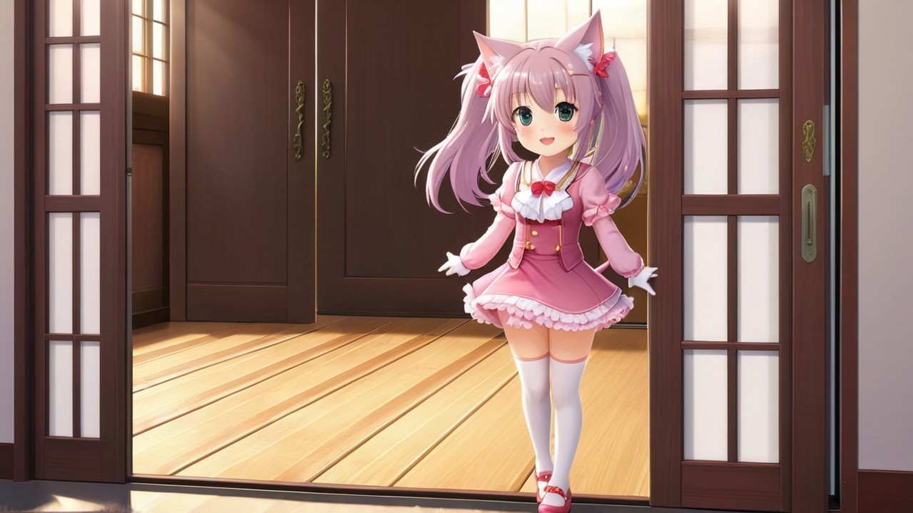 Animated girl with cat ears in a pink dress doorway