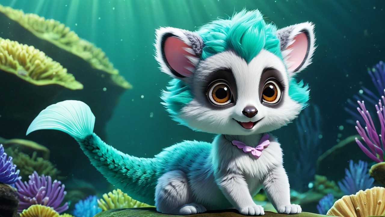 Stylized turquoise creature in colorful coral setting