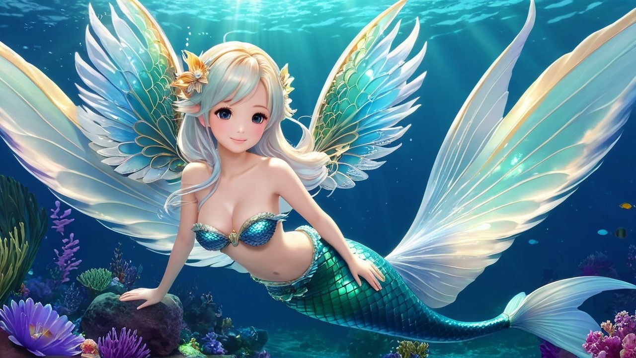 Mermaid with Teal Scales in Vibrant Underwater Scene