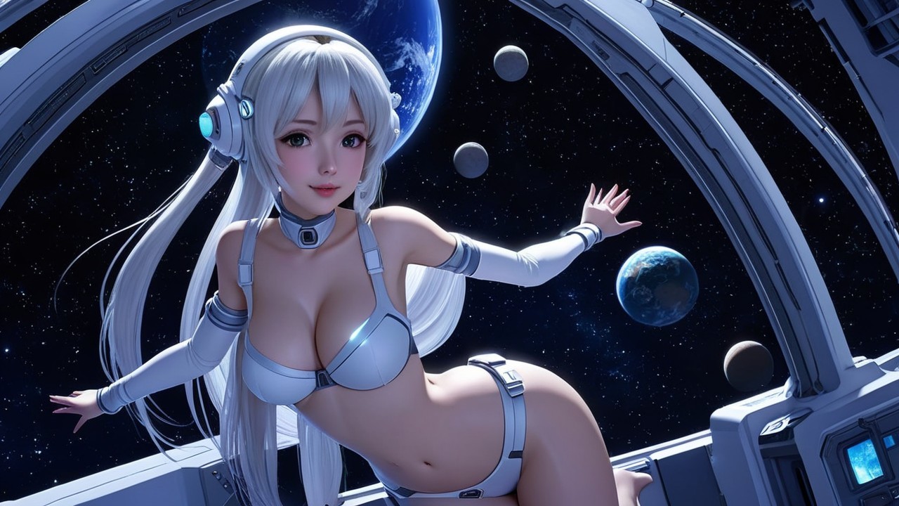 Futuristic anime character floating in space with Earth