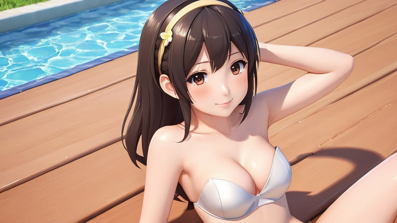 Young woman in bikini by serene poolside setting