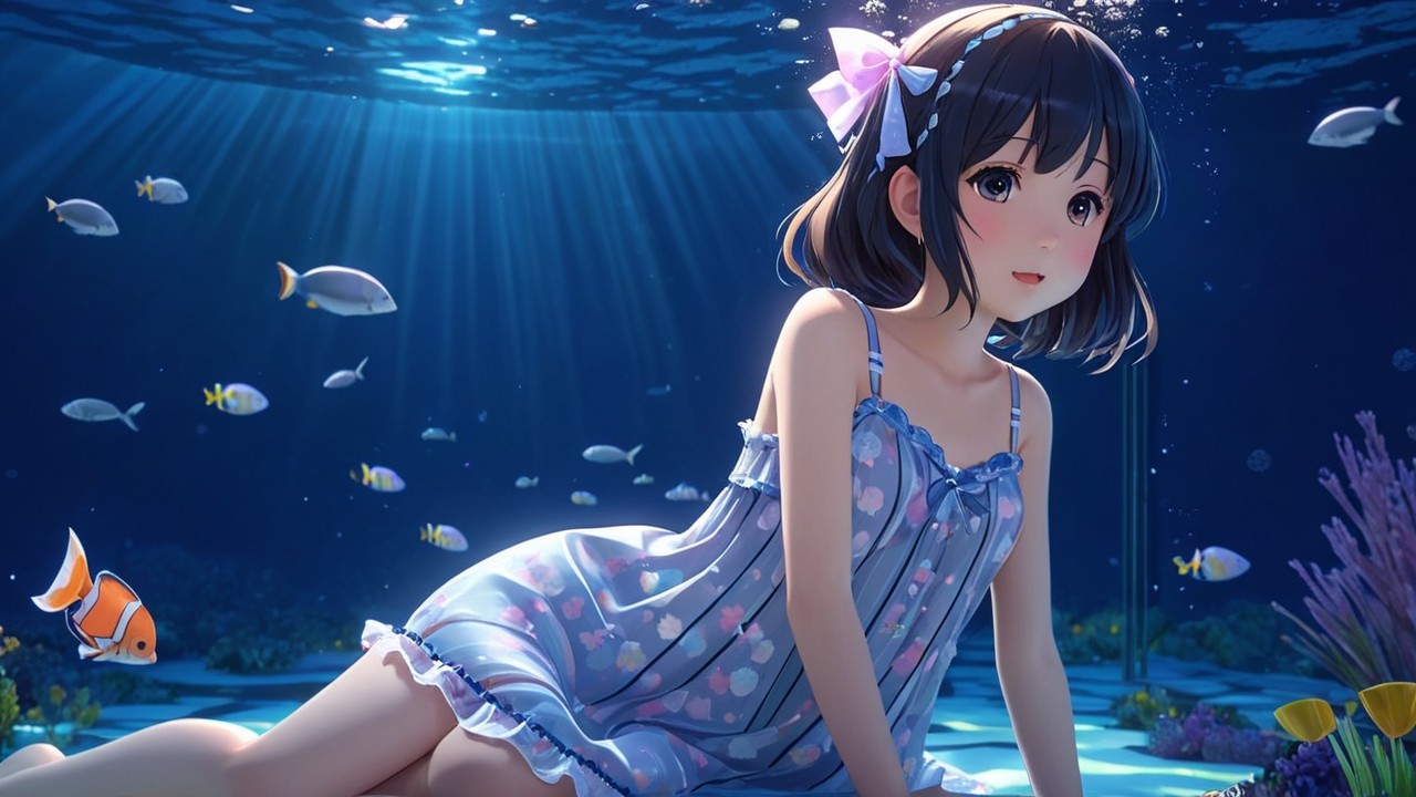 Young girl in floral dress underwater with fish