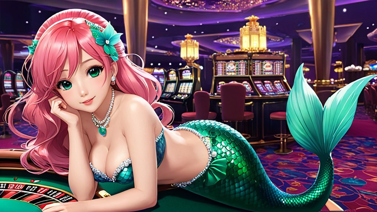 Mermaid at Casino Table with Pink Hair and Green Tail