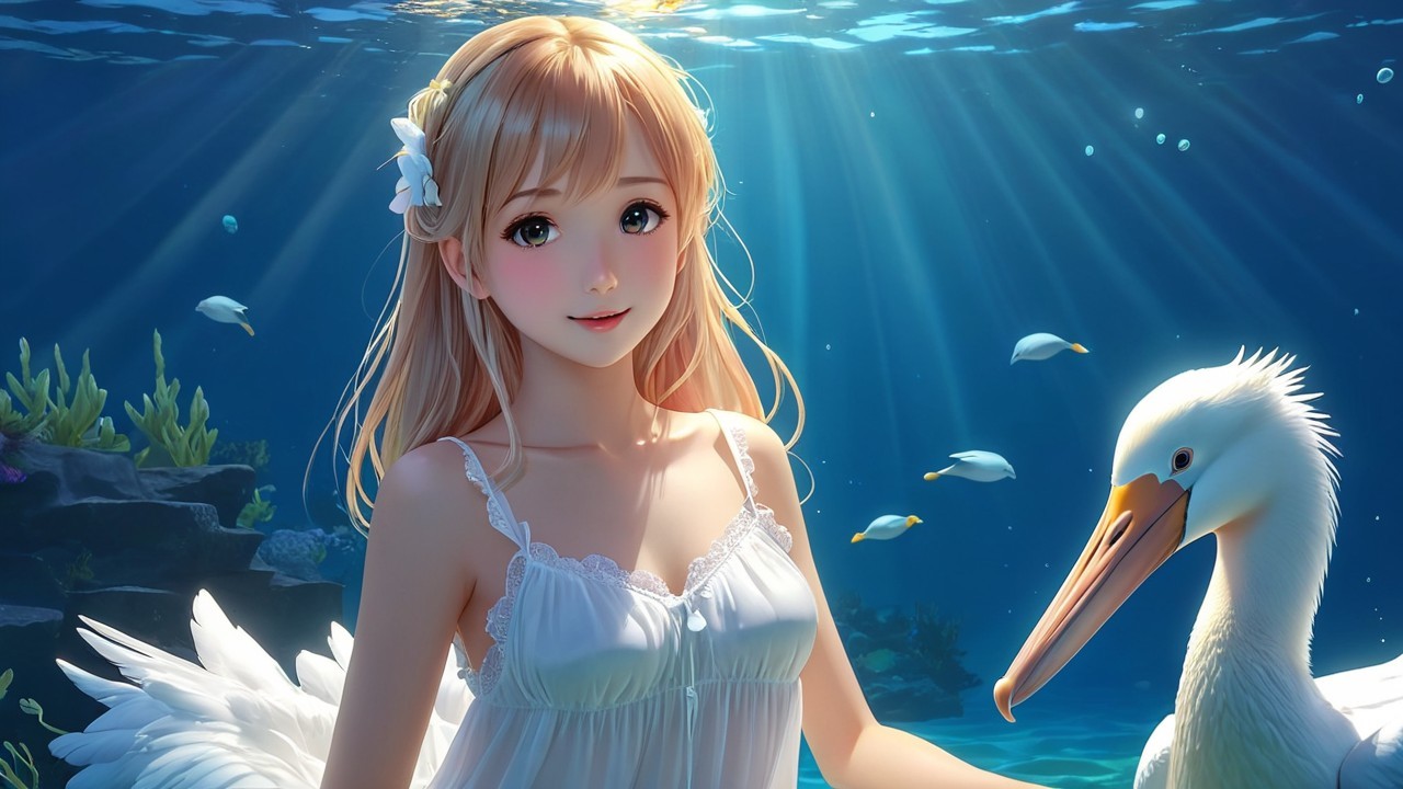 Underwater Scene with Woman and White Swan