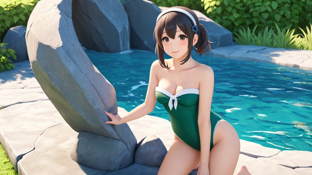 Anime Character by Serene Pool in Lush Greenery