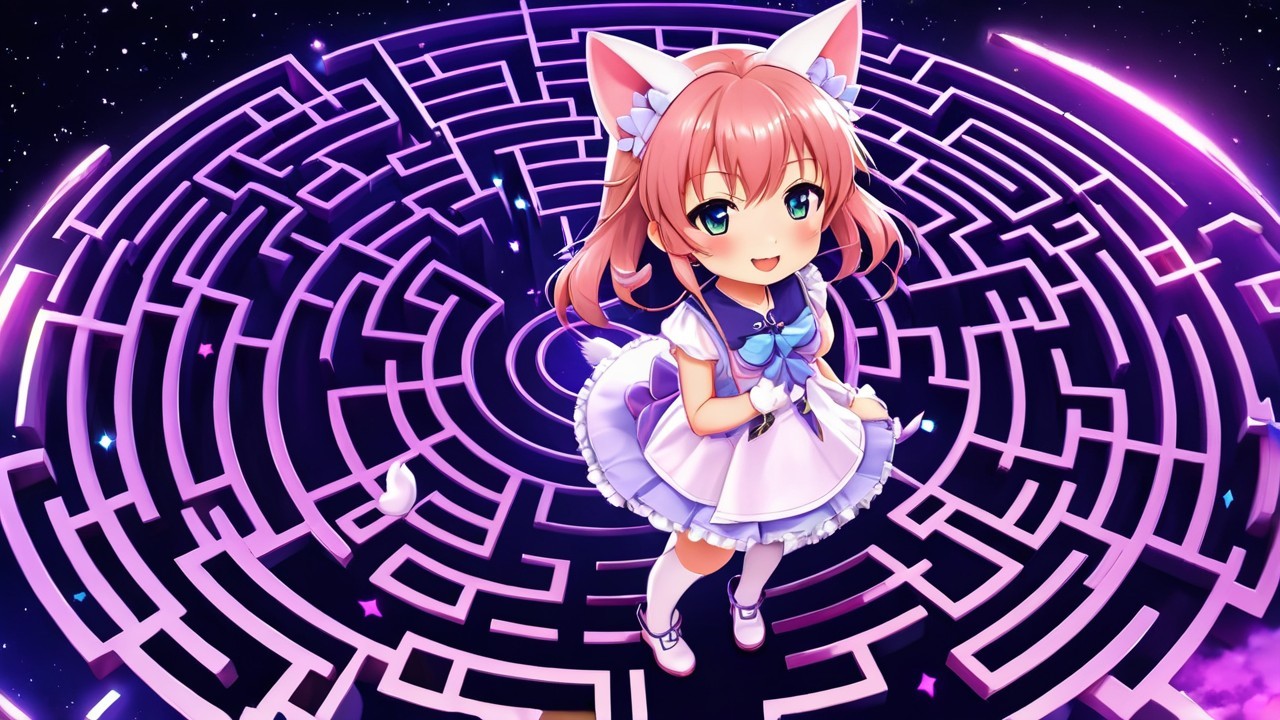 Cute anime character in maze with pink hair and cat ears