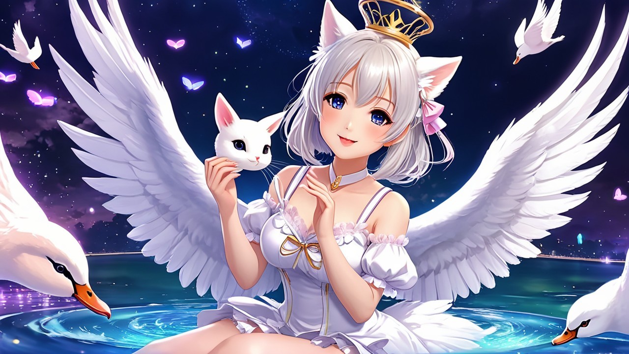 Whimsical Scene of Woman with Cat Ears and Wings
