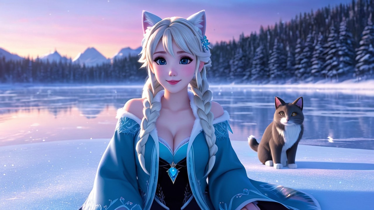 Winter Landscape with Snow Queen and Cat Companion