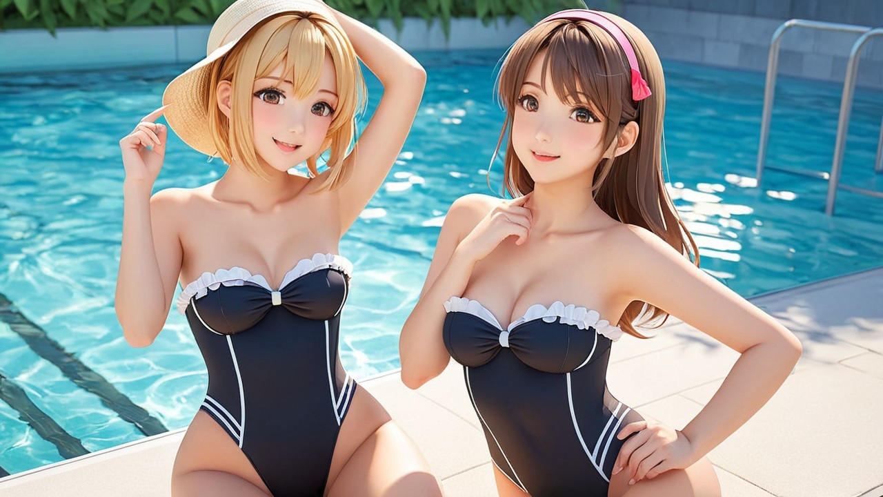 Anime Characters by Sparkling Blue Pool in Swimsuits