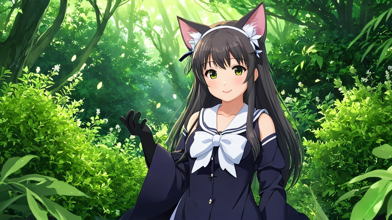 Cheerful anime character in a vibrant forest setting