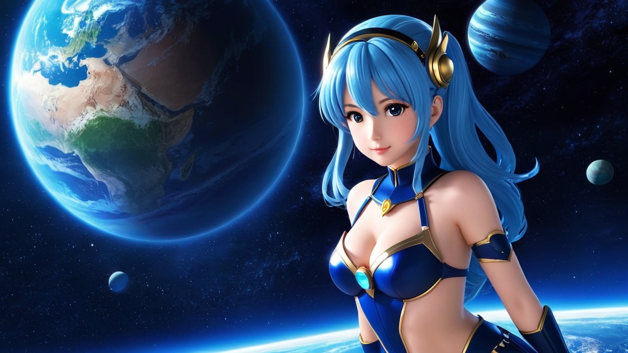 Futuristic anime character in cosmic space setting