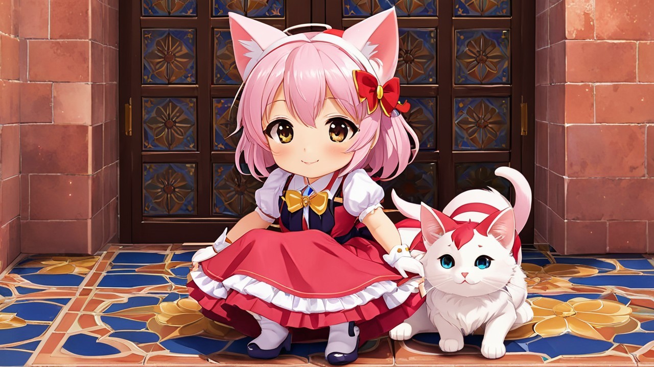 Cute anime girl with pink hair and cat ears on tiles