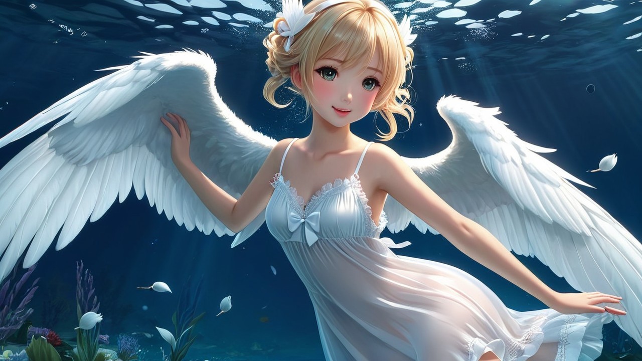 Underwater Scene with Angelic Wings and Light