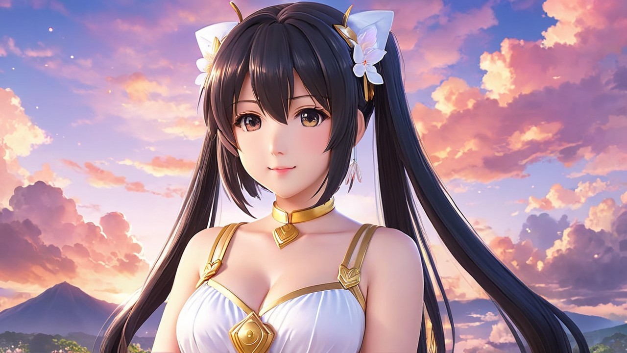 Anime Character in Elegant Outfit at Sunset Backdrop
