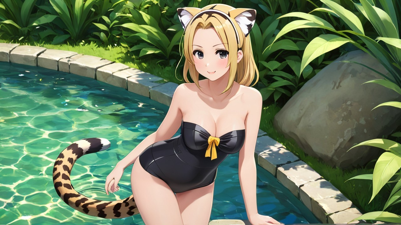 Young woman with cat ears by a sparkling pool