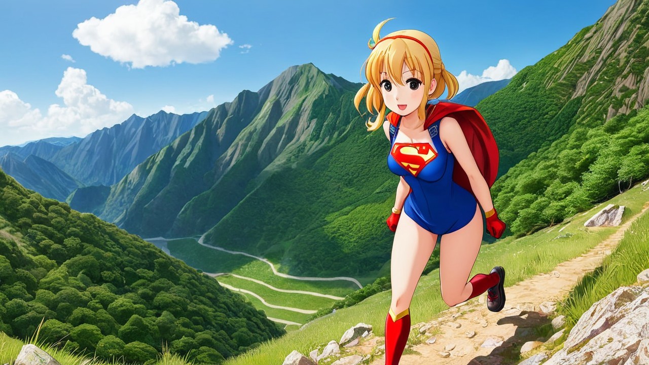 Cheerful Anime Character on Mountain Trail in Costume