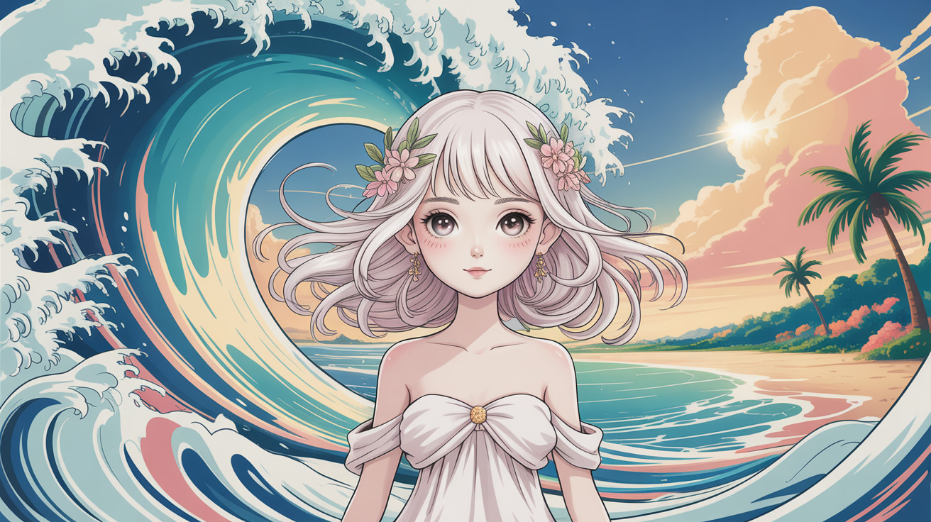 Anime Character in White Bow Dress with Ocean Sunset Background
