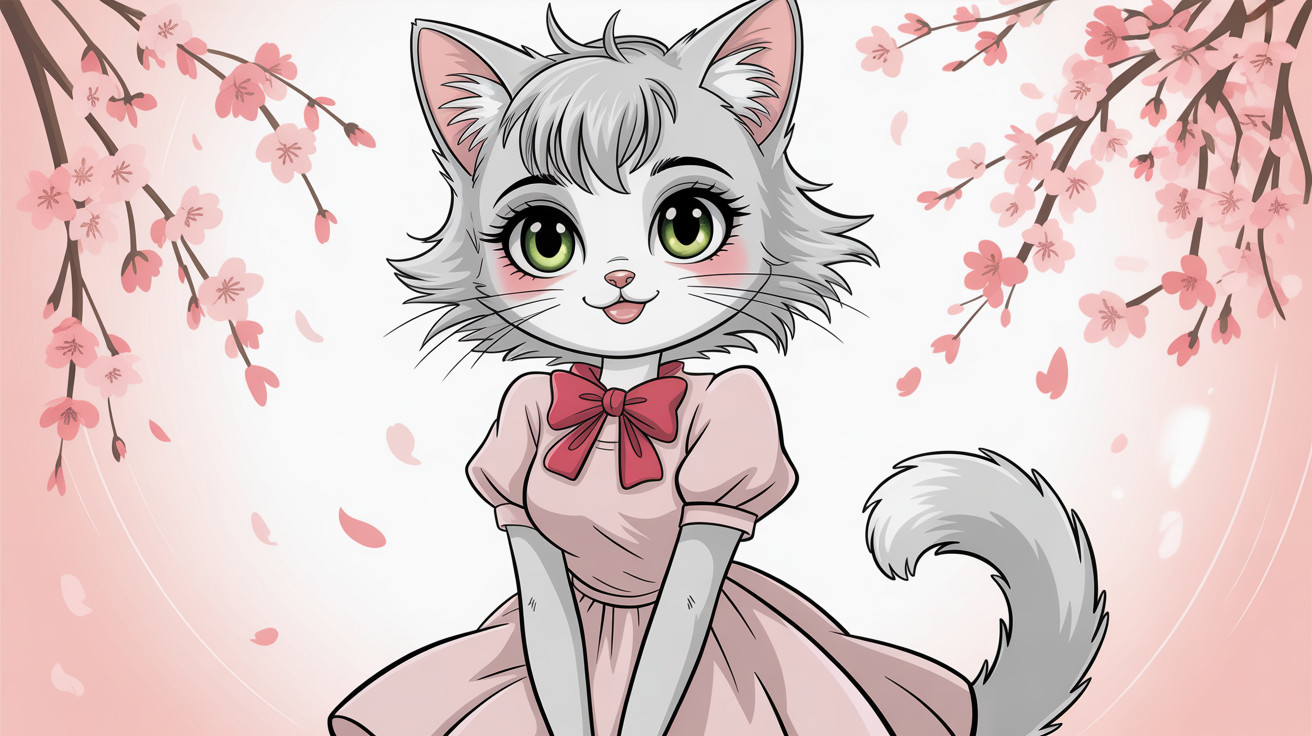 Charming White Kitten in Pink Dress with Cherry Blossoms