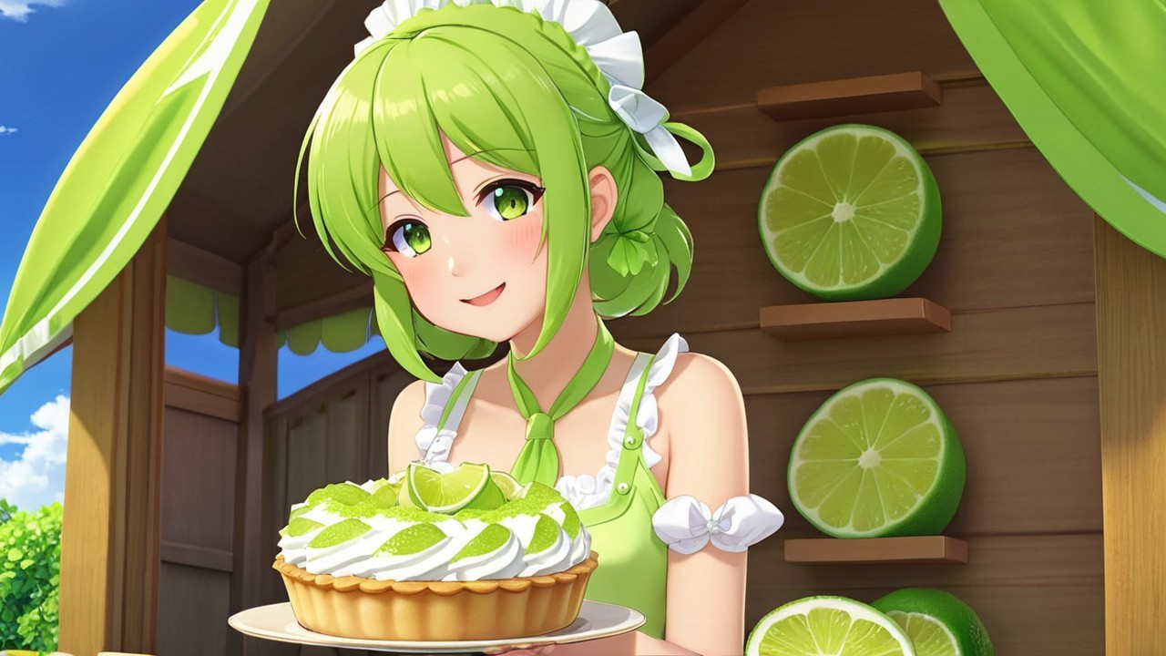 Cheerful girl with green hair at lemonade stand