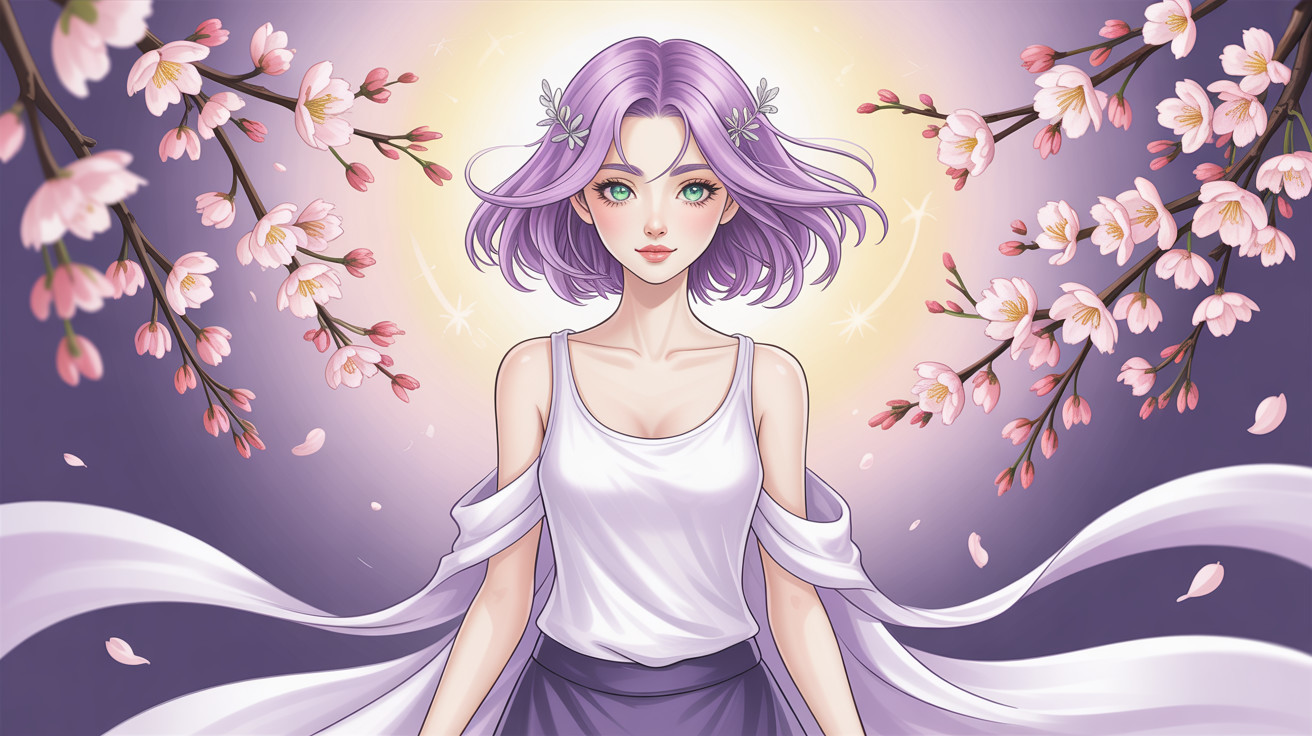 Anime Illustration of Woman Under Cherry Blossoms