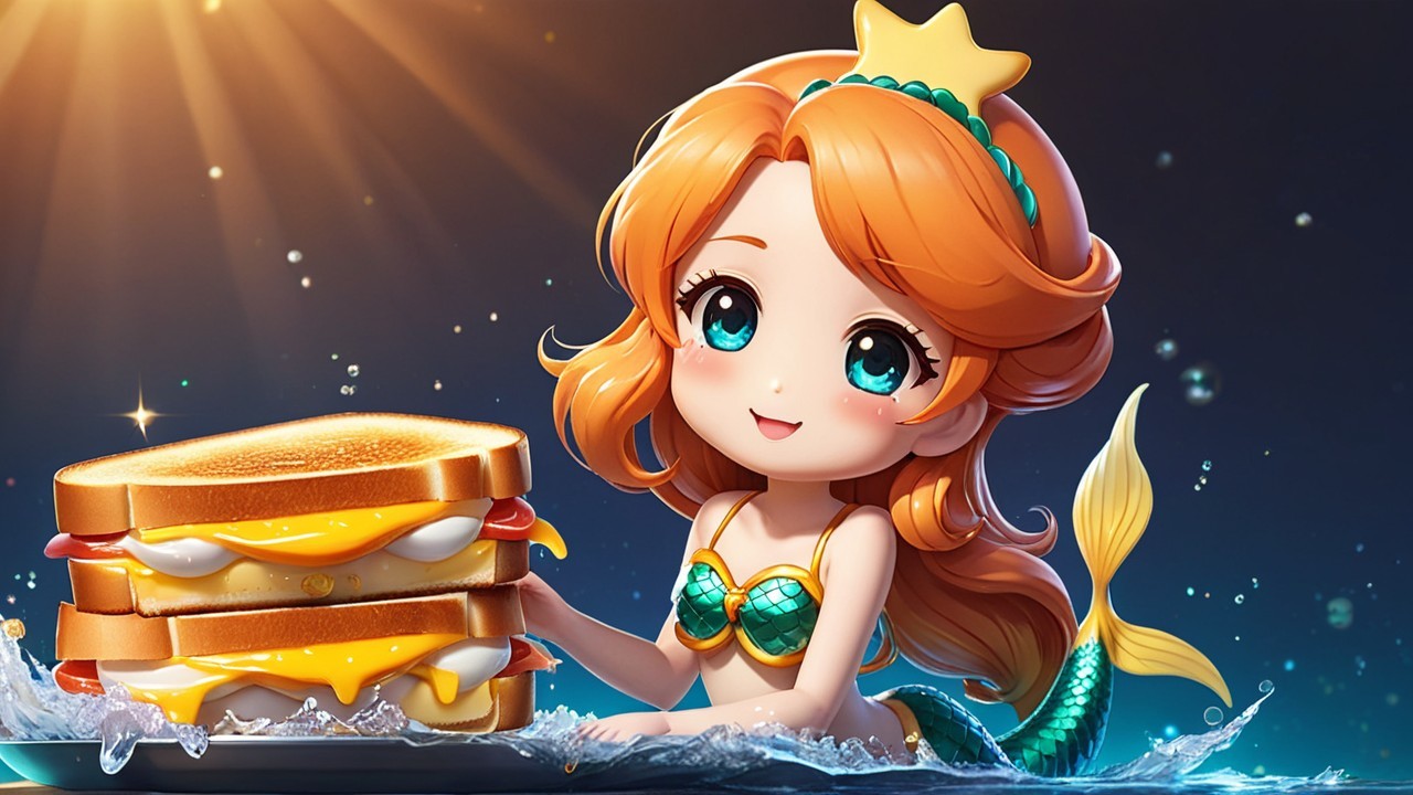 Animated Mermaid with Orange Hair and Cheese Sandwiches