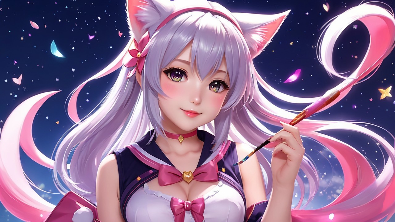 Character with Pastel Hair and Cat Ears in Night Sky