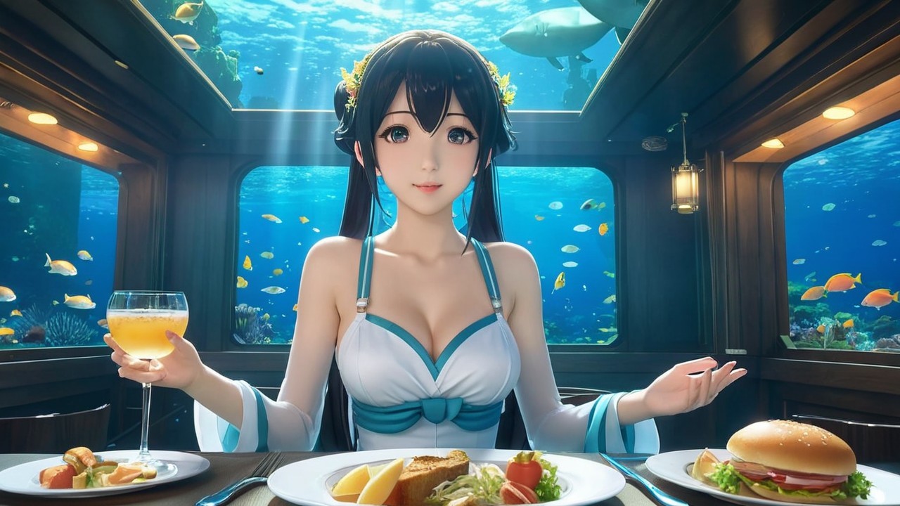 Animated Character Dining Underwater with Marine Life
