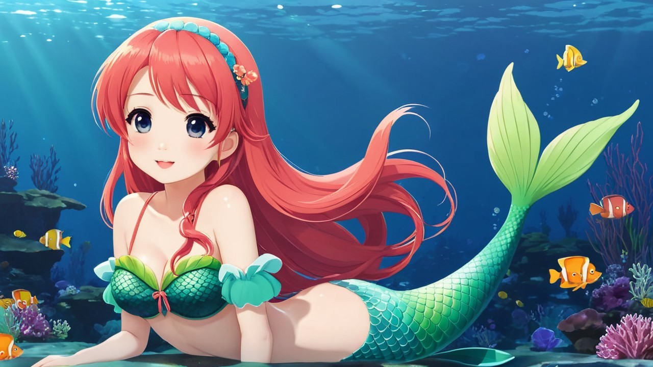 Vibrant Underwater Scene with Cheerful Mermaid