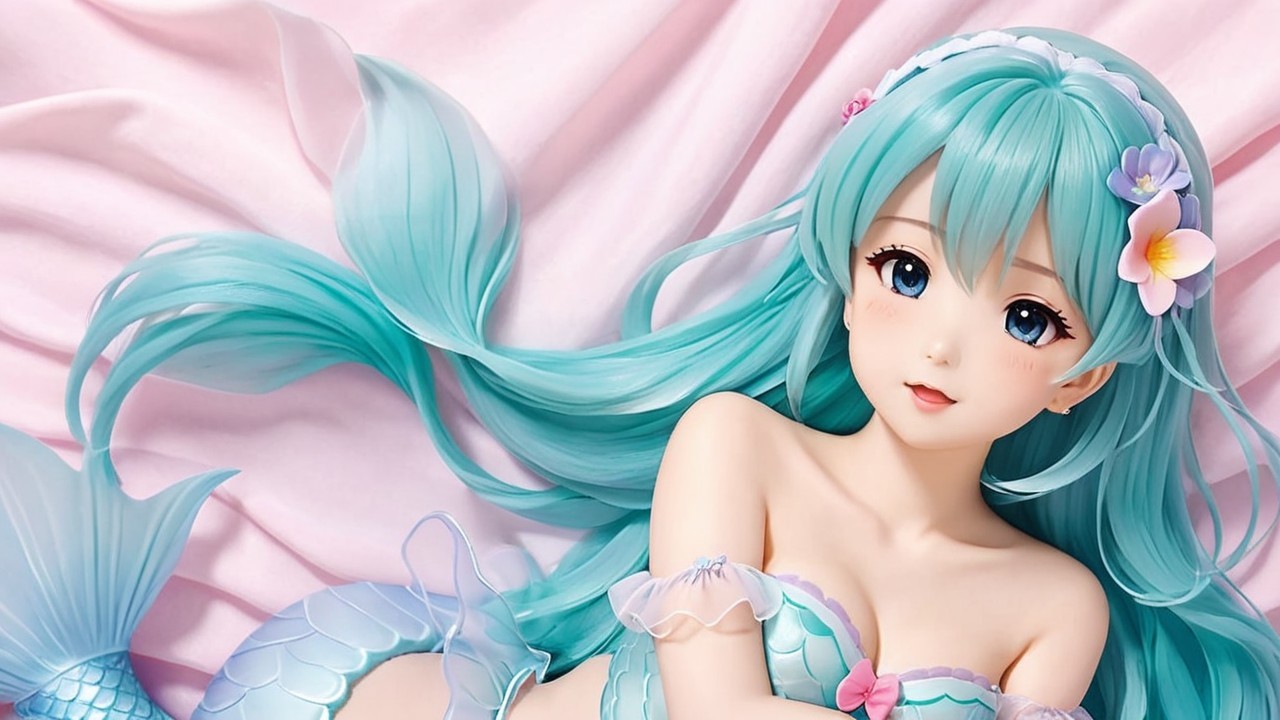 Vibrant mermaid figure with aqua hair and detailed tail