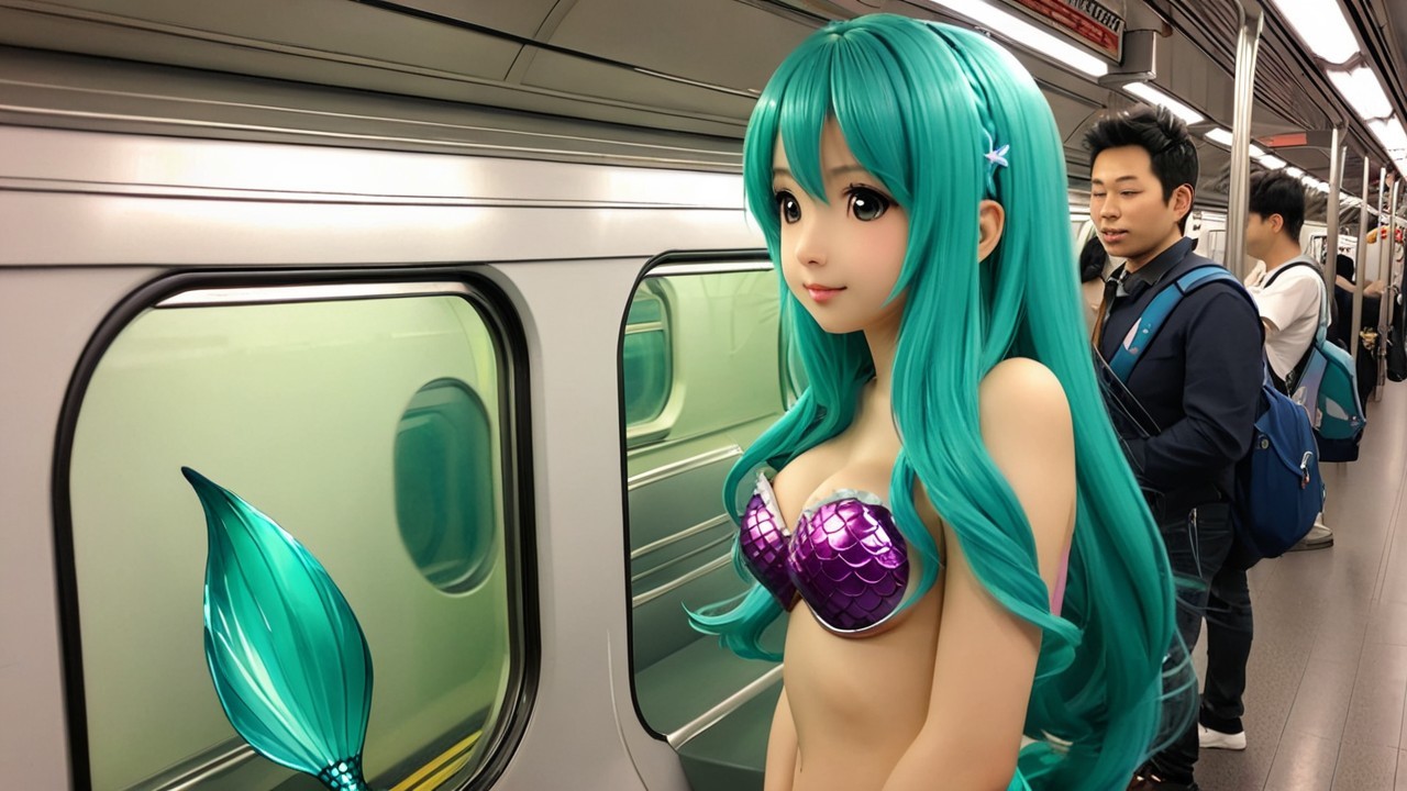Animated Mermaid in Subway Train Setting
