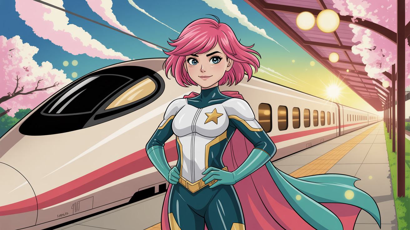 Superheroine in Teal Suit at Train Station Platform
